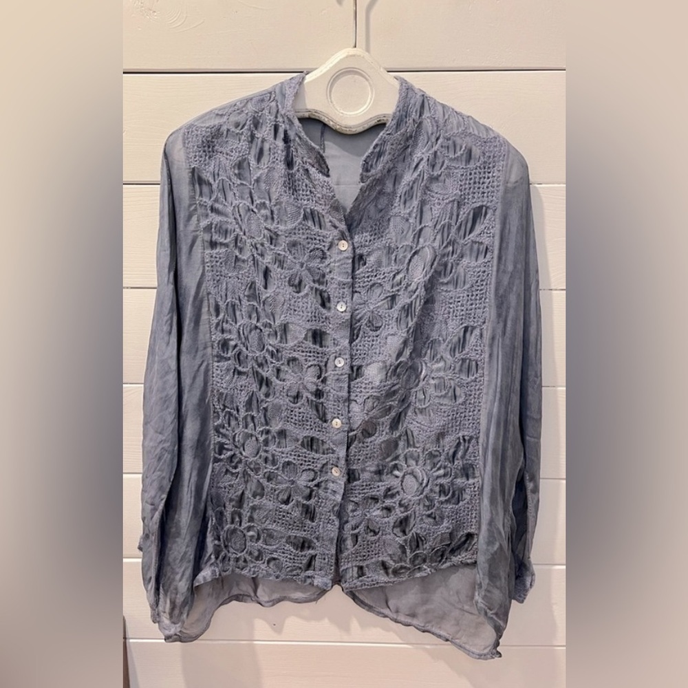 Italian Silk & Lace Shirt – Blue Grey – Size Not Tagged M/L